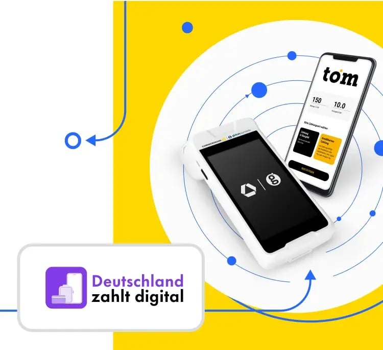 Deutschland zahlt digital: GP tom SoftPOS-App auf dem Smartphone neben dem mobilen Kartenterminal Nexgo N86 – beide zeigen kontaktloses Bezahlen im Einsatz