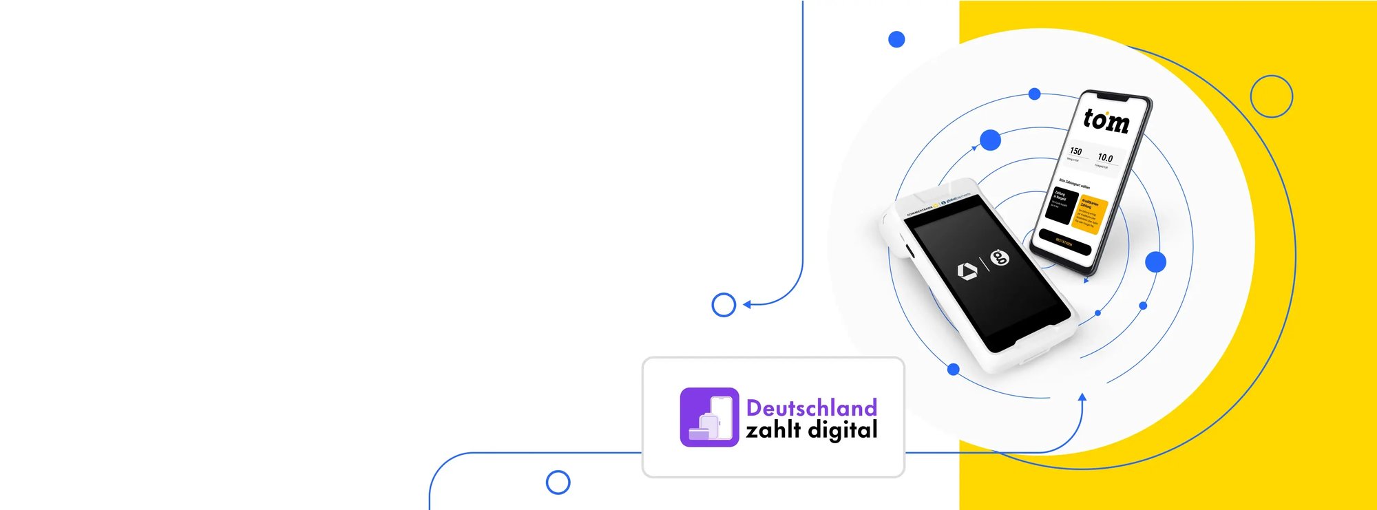 Deutschland zahlt digital: GP tom SoftPOS-App auf dem Smartphone neben dem mobilen Kartenterminal Nexgo N86 – beide zeigen kontaktloses Bezahlen im Einsatz.